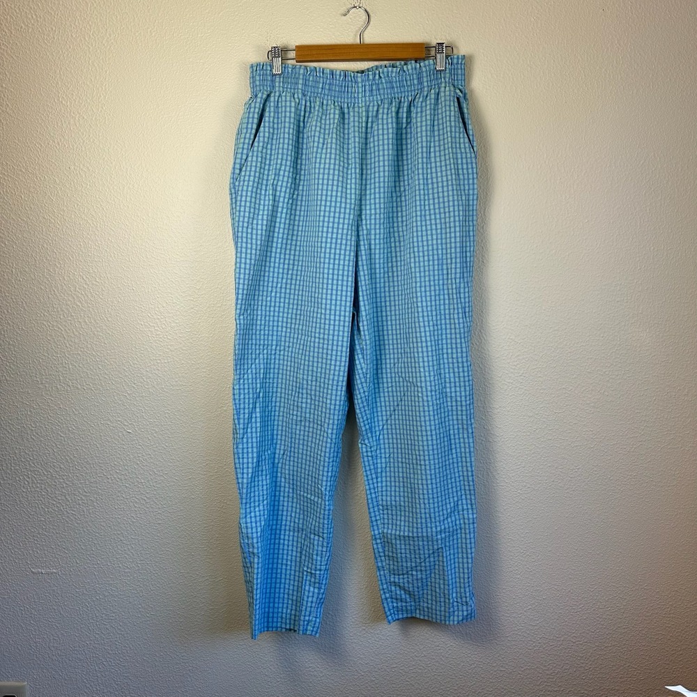 90s Gingham Tapered Pants Womens Large Blue Excellent Elastic Waist Cotton
